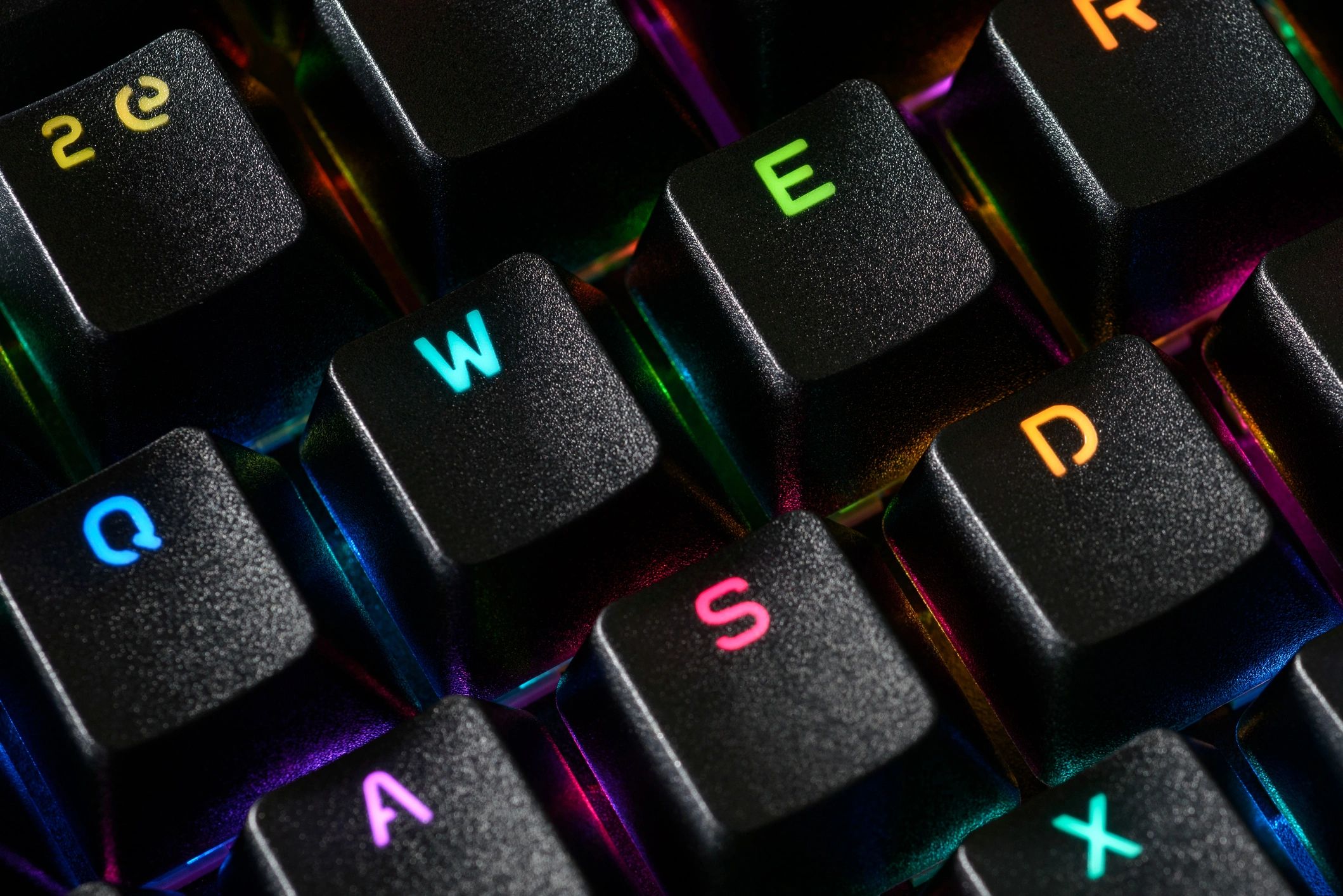 Macro shot of a custom mechanical keyboard with RGB backlighting